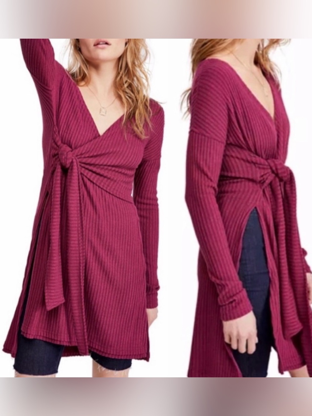 Free People Fall for You Ribbed Tie-Waist Tunic Top in Berry